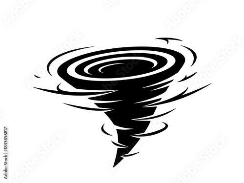 A stylized black and white illustration of a powerful tornado swirling violently.