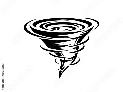 A stylized black and white illustration of a powerful tornado swirling violently.