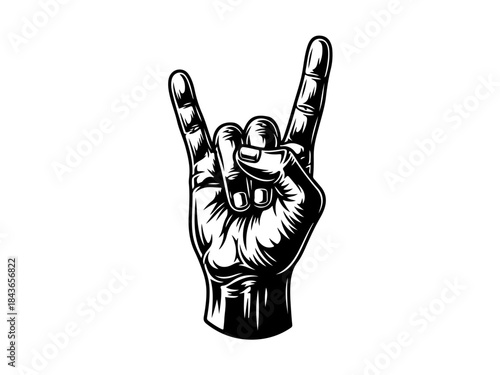 A detailed black and white illustration of a hand making the rock on gesture.