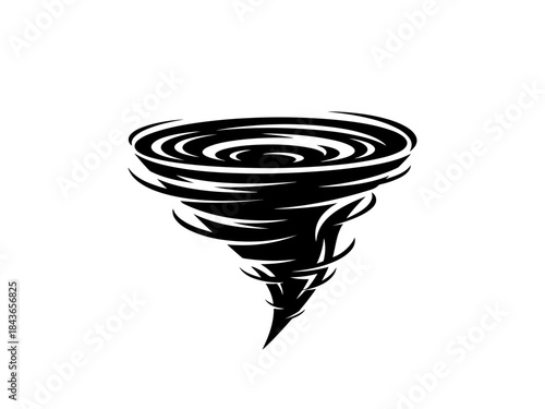 A stylized black and white illustration of a powerful tornado swirling violently.