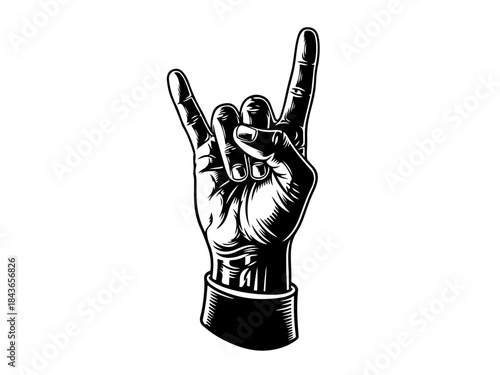 A black and white illustration of a hand making the rock-on gesture with the index and pinky fingers extended.