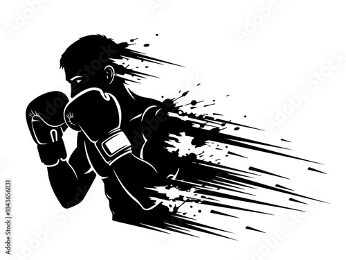 Dynamic Silhouette of a Boxer in Motion with Splatter Effect.