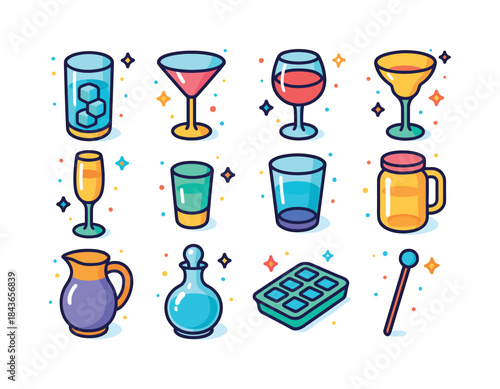 Colorful Glassware Icons. Glassware. Colorful isometric vector i