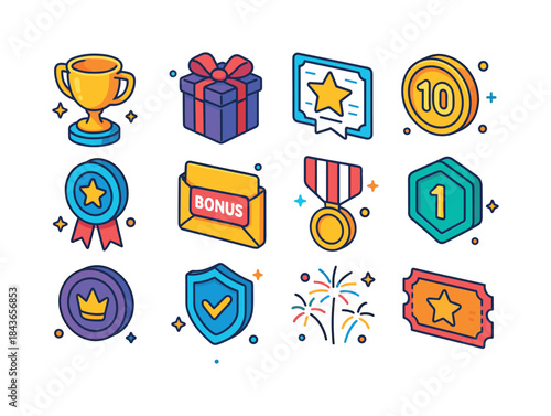 Colorful Reward Icons. Performance Rewards. Colorful isometric v