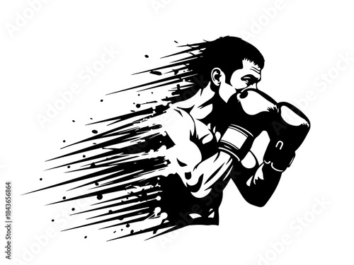 Dynamic illustration of a boxer in motion, with a stylized trail of particles emanating from their body, conveying speed and power.