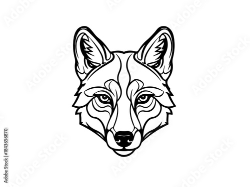 A detailed black and white line art illustration of a wolf's face, showcasing intricate facial features and a stylized design.