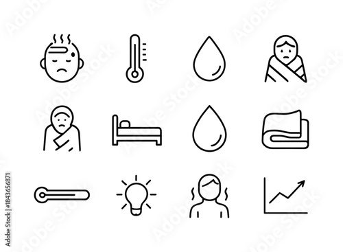 Fever Symptoms Icons. Fever Symptoms. Line icon set of Fever Sym