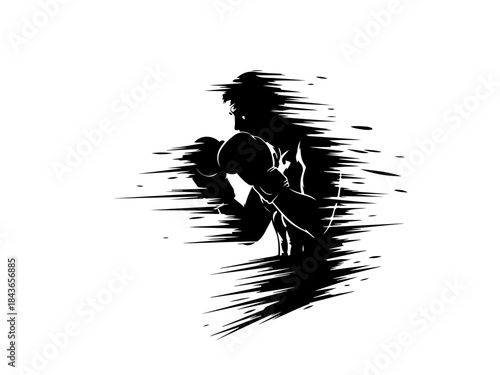 Silhouette of a boxer in motion, depicted with dynamic, abstract brush strokes, conveying speed and power.