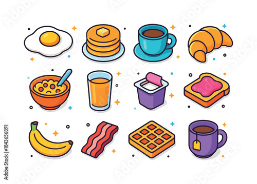 Isometric Breakfast Icons. Breakfast. Colorful isometric vector