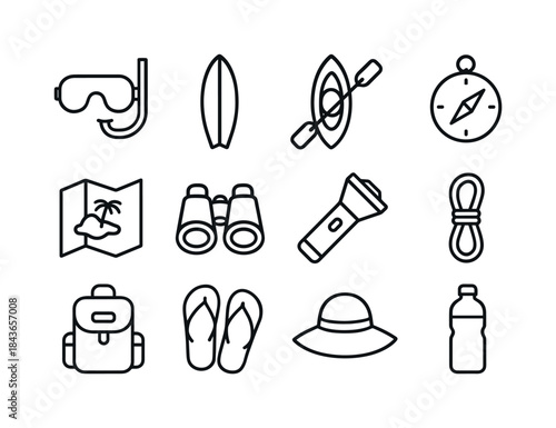 Island Icon Set. Island Adventures. Line icon set of Island Adve