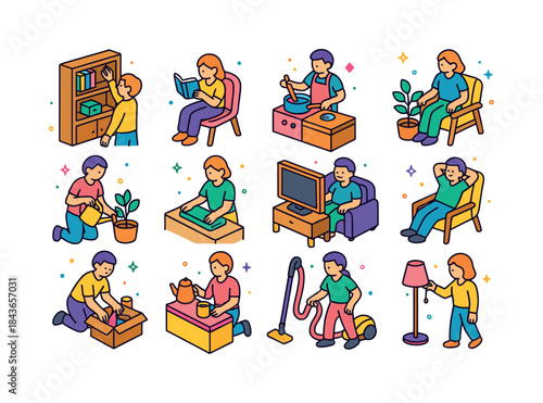 Colorful Home Activities Icons. At Home. Colorful isometric vect