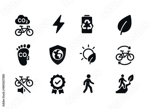 E-Bike Sustainability Icons. E-bike sustainability. Solid icon s