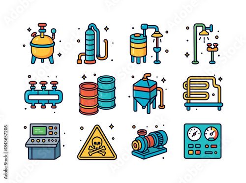 Colorful Chemical Plant Icons. Chemical plant. Colorful isometri