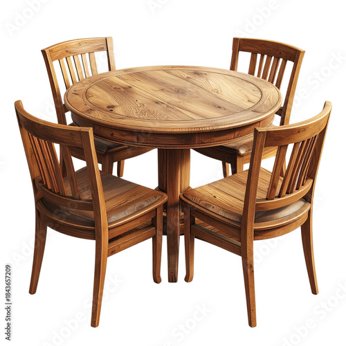  Angled Perspective of Round Wooden Dining Table with Four Chairs, isolated