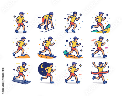 Running Icons Collection. Person running. Colorful isometric vec