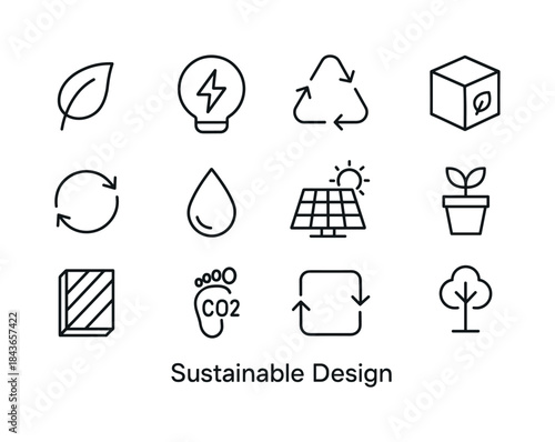 Sustainable Design Icons. Sustainable Design. Line icon set of S