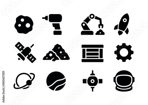 Space Mining Icons. Space Mining. Solid icon set of Space Mining
