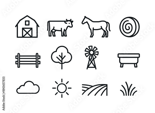 Ranch Icon Set. Ranch scene. Line icon set of ranch scene: barn,