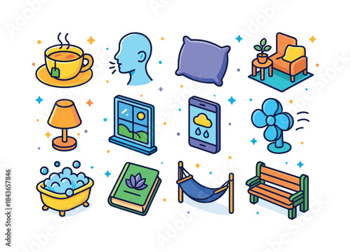 Calming Icons Collection. Calming Moments. Colorful isometric ve