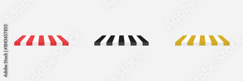Striped store awning icons collection. Set of striped shop awnings in multiple shapes and angles, isolated on white background for retail design use.

