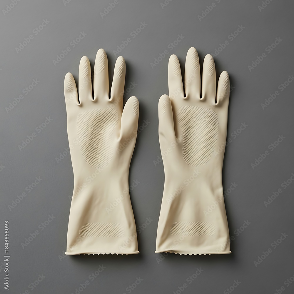 Obraz premium Beige household gloves placed evenly on gray surface for cleaning concept