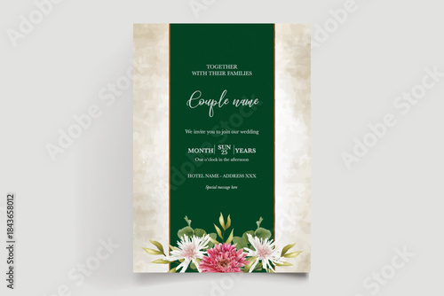 WEDDING INVITATION FRAME WITH FLOWER DECORATIONS AND FRESH LEAVES