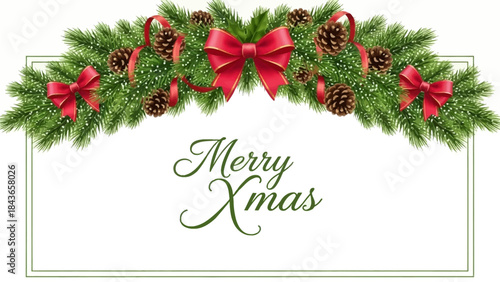 Festive Christmas Decoration with Pine Branches Berries and Red Bows for Holiday Celebrations