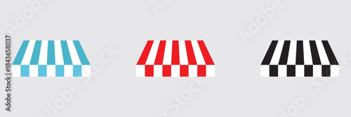 Striped store awning icons collection. Set of striped shop awnings in multiple shapes and angles, isolated on white background for retail design use.

