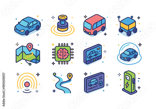 Autonomous Transport Icons. Autonomous Transport. Colorful isome