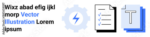 Document organization, workflow management, productivity tools, automation, system settings, digital files. Blue gear, checklist text document icons and symbols . Workflow management