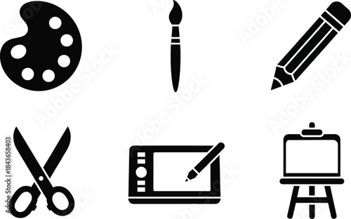 Artistic tools and supplies for creative drawing and painting, including scissors, palette, pencil, tablet, and easel