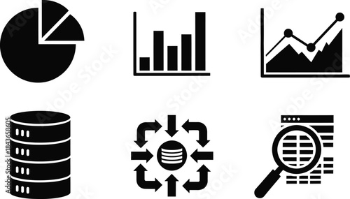 Data analysis, business intelligence, and IT vector icon set. Features charts, graphs, database, processing, and analytical search symbols for digital projects