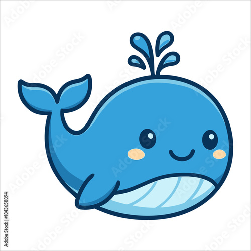 Charming cartoon illustration of a friendly blue whale gracefully spouting water with a delightful, happy smile, perfect for engaging children's designs and marine-themed projects