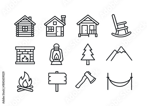 Rustic Cabin Icons. Rustic cabins. Line icon set of Rustic cabin