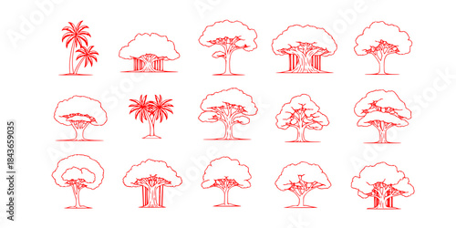 silhouette tree line drawing set, Side view, set of graphics trees elements outline symbol for architecture and landscape design drawing. Vector illustration in stroke fill in white. Tropical