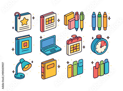 Colorful Study Tools. Study Tools. Colorful isometric vector ico
