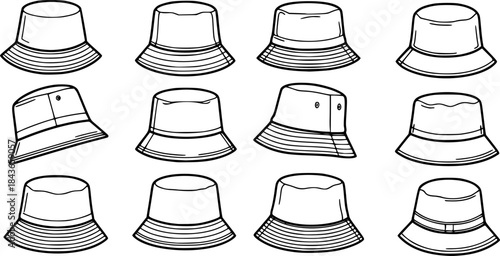 vector set of Bucket hat silhouette white background
