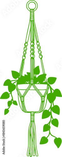 Hand-drawn macrame plant hanger illustration, minimalist style
