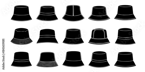 vector set of Bucket hat silhouette white background
