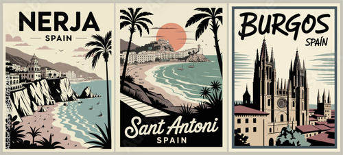 Retro-style travel poster set featuring Nerja, Sant Antoni, and Burgos with minimalist mid-century modern illustrations.