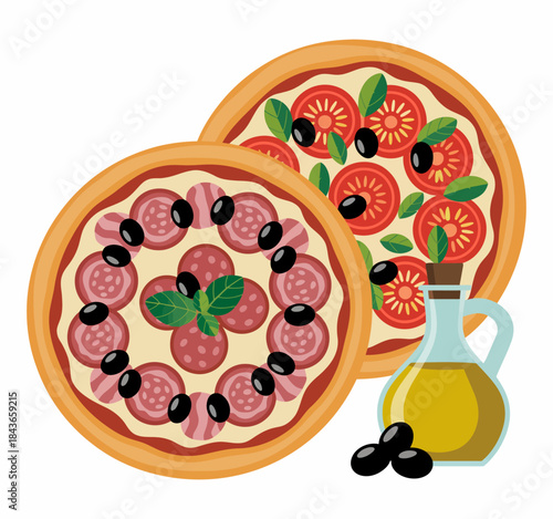 An appetizing illustration of two pizzas featuring different toppings, accompanied by olive oil, showcasing the diversity and enjoyment of delicious food.