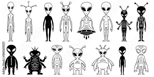 vector set of green aliens vector drawing

