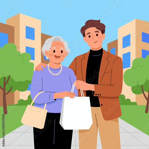 A young man assists an elderly woman with her shopping, illustrating the values of kindness, care, and the bond across generations in a warm and welcoming environment.