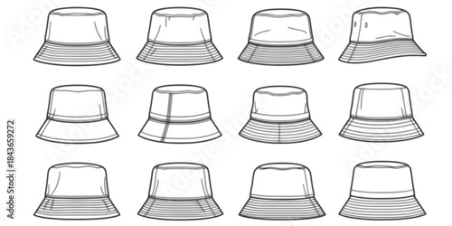 vector set of Bucket hat silhouette white background
