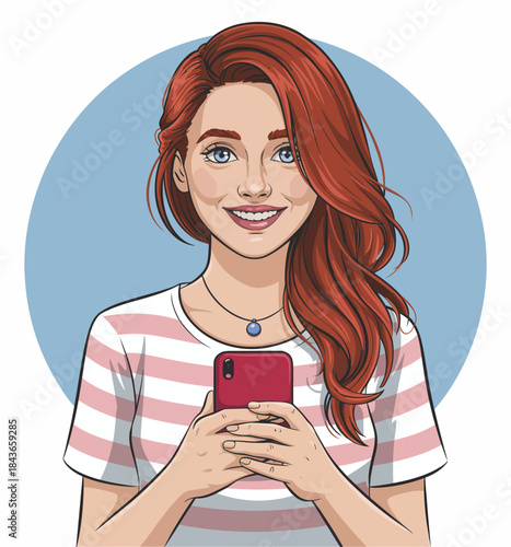 A cheerful girl with long, red hair smiles while holding a smartphone, representing modern communication and the joy of connecting through digital devices.