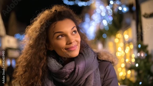 Wallpaper Mural Young mixed race woman strolling through festive decorated city street, surrounded by twinkling Christmas lights and holiday cheer, defocused bokeh, with copy space Torontodigital.ca