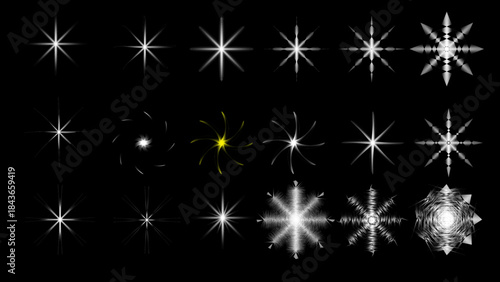 Collection of various star shapes and designs on black background
