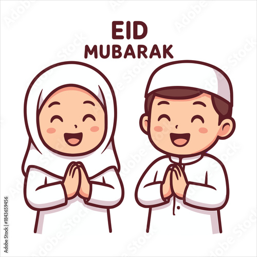 Cartoon Eid Mubarak Smiling Girl in Hijab and Boy with Kufi Praying.