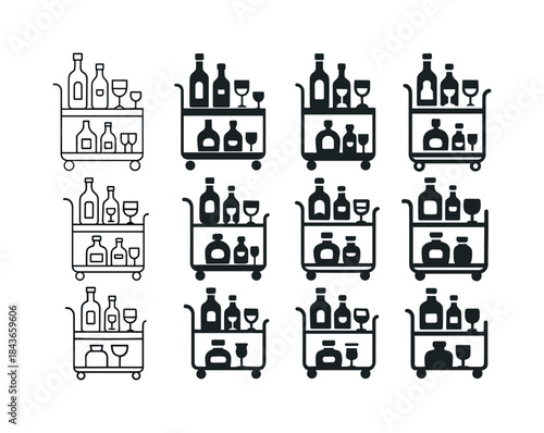 Stylish Bar Cart Icons. Stylish Bar Cart with Liquor and Glasswa