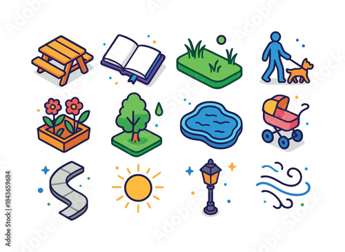 Colorful Park Art Icons. art in the park. Colorful isometric vec